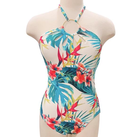 Vince Camuto Logo Ring Halter One Piece Swimsuit - Balines Floral Size 12 NWT - Picture 8 of 8